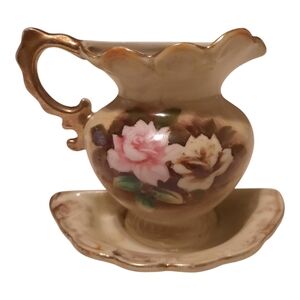 Ceramic Wall Pocket Planter – Vintage Enesco Wash Pitcher & Bowl Design – Floral